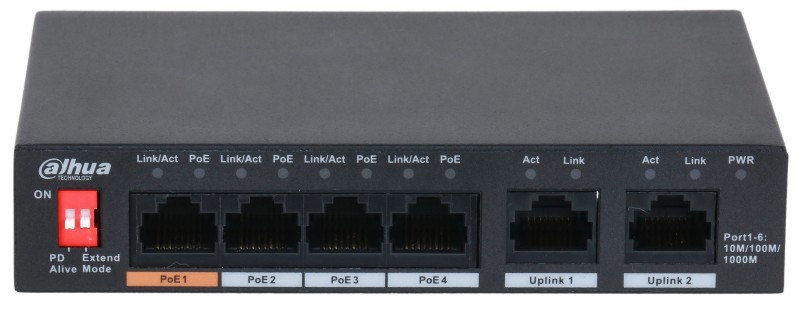 Dahua PFS3006-4GT-60-V2 6 portos Gbit PoE switch (60 W); 3 PoE+ / 1 HiPoE / 2 RJ45 uplink port; nem menedzselhető